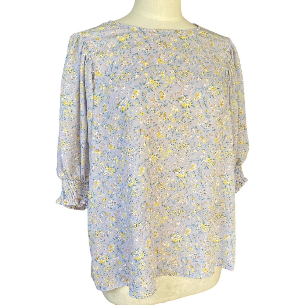 Pleione Chiffon Ditsy Floral Blouse Periwinkle Lavender Smocked Cuffs Cottage-L